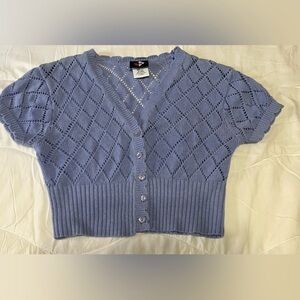 Blue/Lavender Pointelle Knit Short-Sleeve Cardigan – Size Small